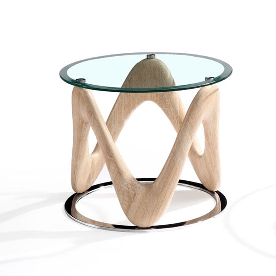 Product photograph of Dunic Round Glass End Table In Sonoma Oak And Chrome Base from Furniture in Fashion