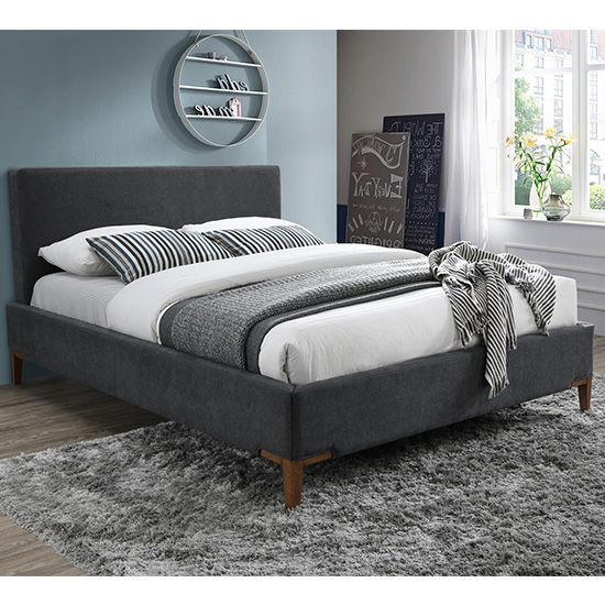 Read more about Durban fabric king size bed in dark grey with oak legs