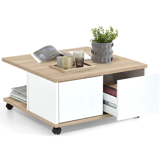 Product photograph of Duval Mobile High Gloss Coffee Table In Oak And White from Furniture in Fashion