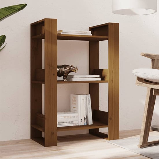 Read more about Dylon pine wood bookcase and room divider in honey brown