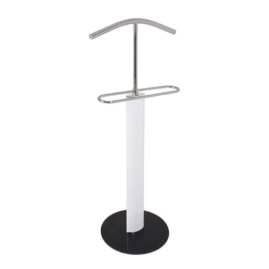 Product photograph of Eagar Metal Valet Stand In Chrome And White High Gloss from Furniture in Fashion