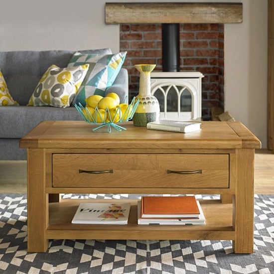 Photo of Earls wooden coffee table in chunky solid oak with 1 drawer