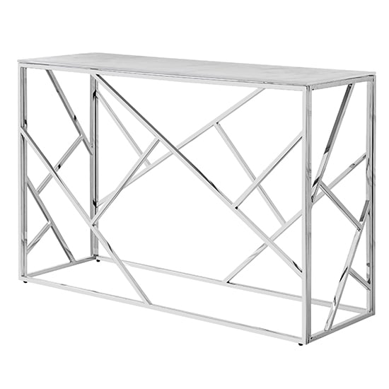 Photo of Egton marble effect glass top console table in white and grey