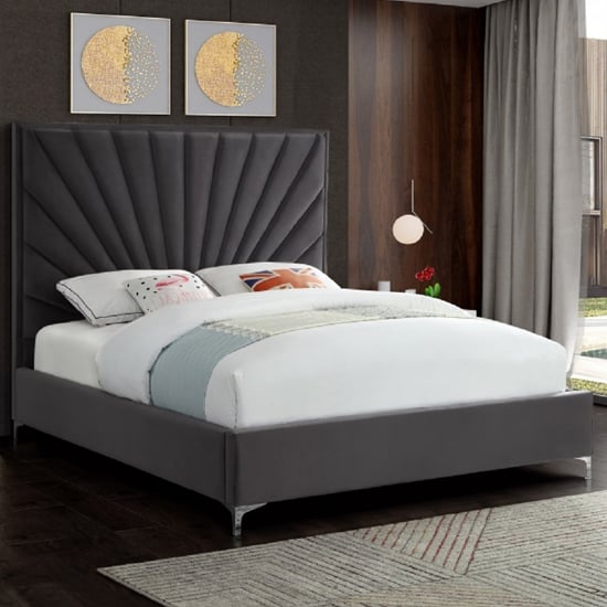 Photo of Einod plush velvet upholstered double bed in steel