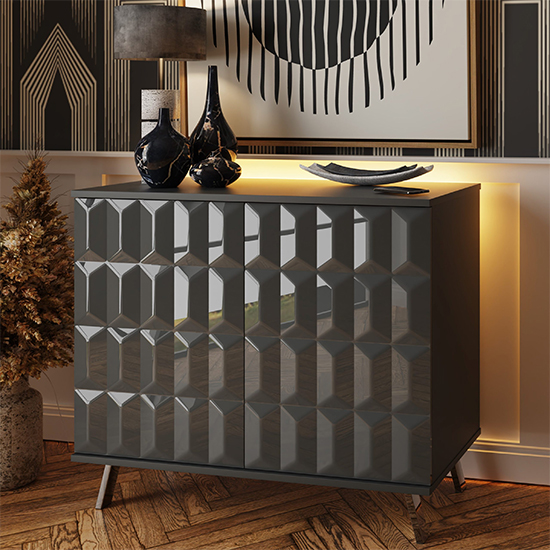 Product photograph of Elevate Small High Gloss Sideboard In Grey With Led Lights from Furniture in Fashion