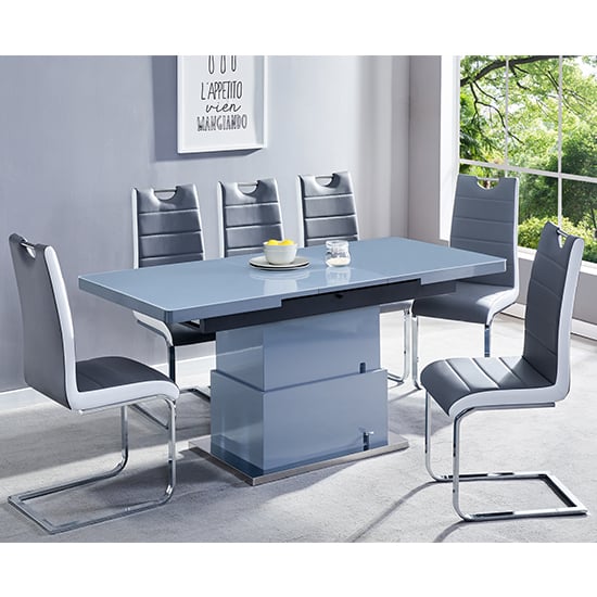 Photo of Elgin convertible grey gloss dining table 6 petra grey chairs