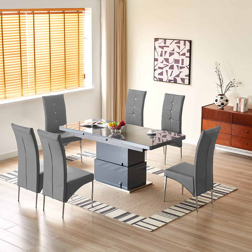 elgin convertible grey gloss dining table with 6 vesta grey chairs