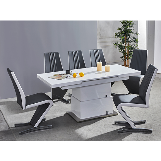 Photo of Elgin convertible white gloss dining table 6 gia black chairs