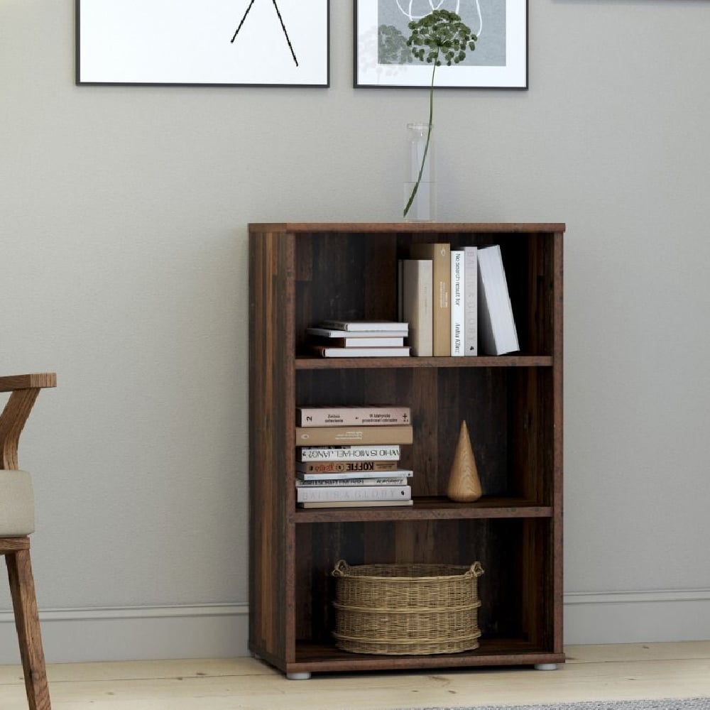 Product photograph of Elgin Wooden Low Narrow Bookcase With 3 Shelves In Vintage Oak from Furniture in Fashion