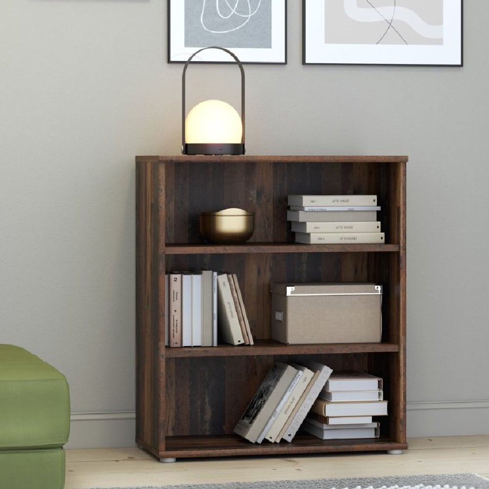 Product photograph of Elgin Wooden Low Wide Bookcase With 3 Shelves In Vintage Oak from Furniture in Fashion