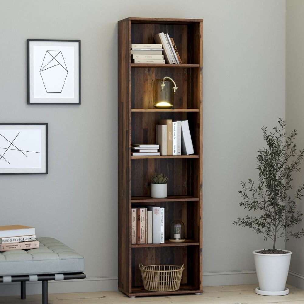 Product photograph of Elgin Wooden Narrow Bookcase With 6 Shelves In Vintage Oak from Furniture in Fashion