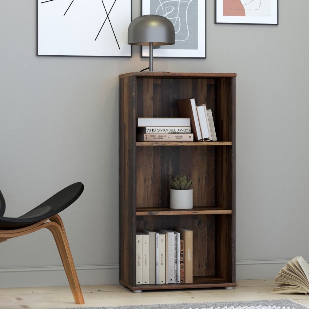 Product photograph of Elgin Wooden Tall Narrow Bookcase With 3 Shelves In Vintage Oak from Furniture in Fashion