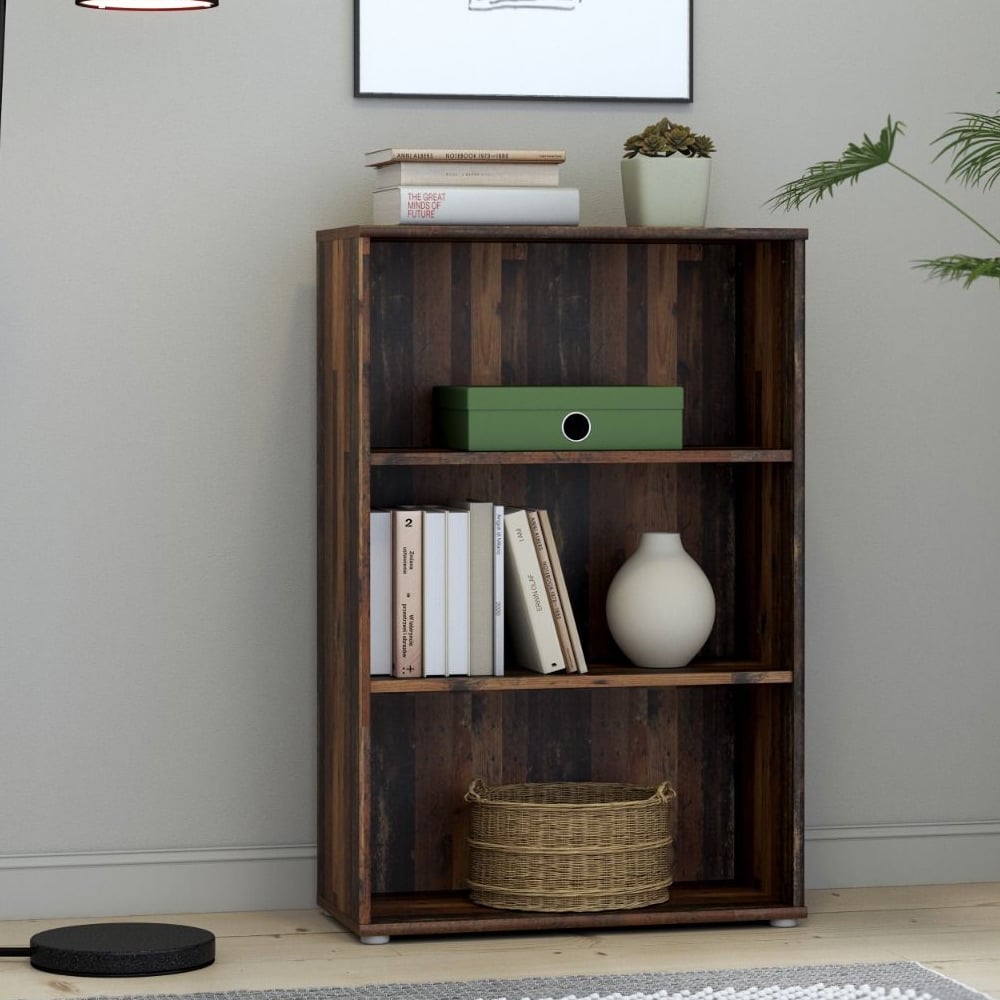 Product photograph of Elgin Wooden Tall Wide Bookcase With 3 Shelves In Vintage Oak from Furniture in Fashion