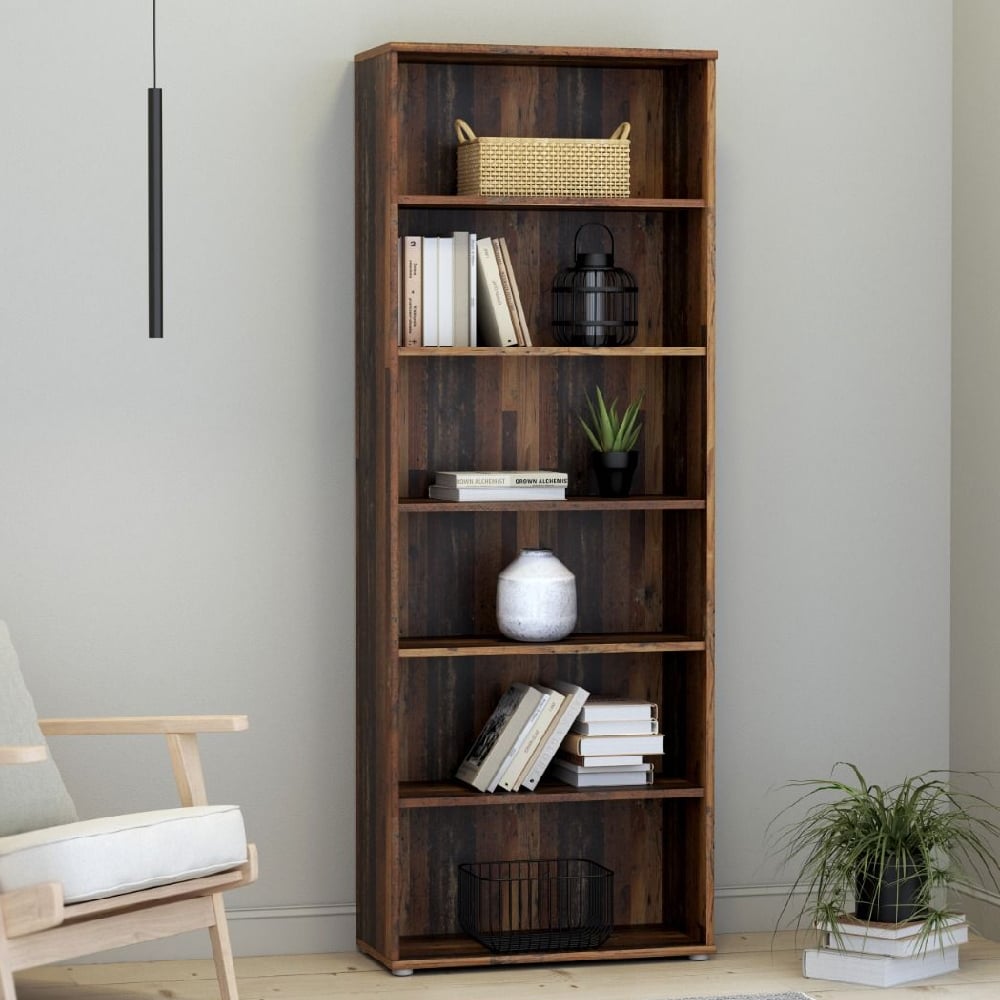 Product photograph of Elgin Wooden Wide Bookcase With 6 Shelves In Vintage Oak from Furniture in Fashion