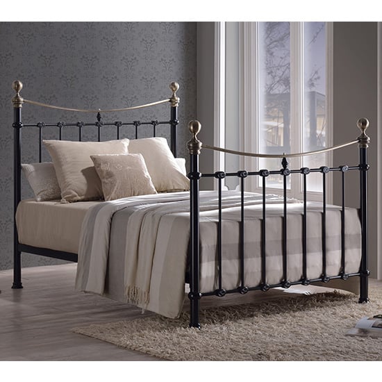 Read more about Elizabeth black metal king size bed with brushed brass finials