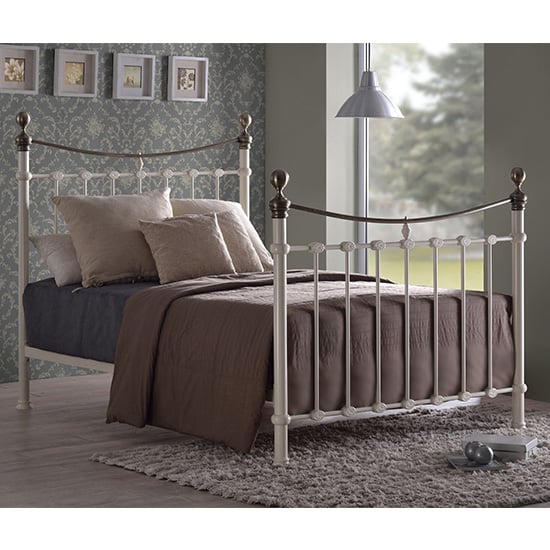 Read more about Elizabeth ivory metal king size bed with brushed brass finials