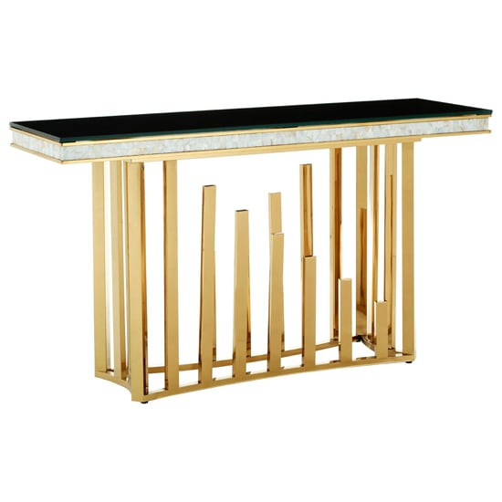 View Elizak black glass top console table with gold metal frame