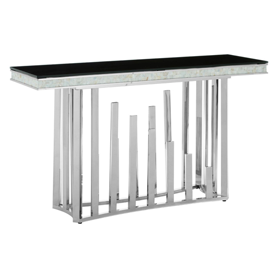 Product photograph of Elizak Black Glass Top Console Table With Silver Metal Frame from Furniture in Fashion