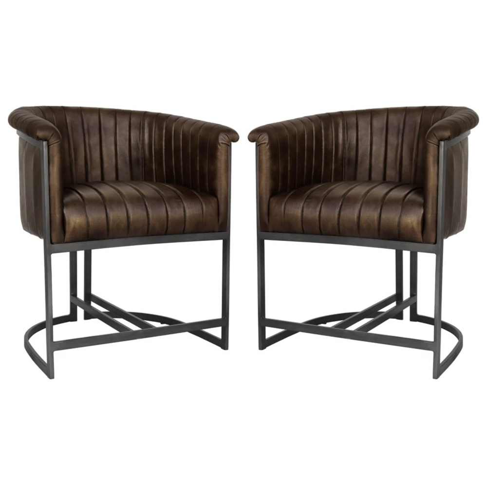 Product photograph of Elkhart Brown Leather Dining Chairs With Metal Legs In Pair from Furniture in Fashion