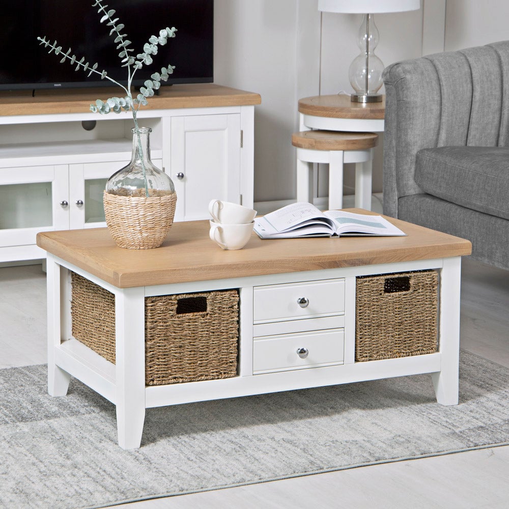 Product photograph of Elkin Wooden Coffee Table With 4 Drawers In Oak And White from Furniture in Fashion