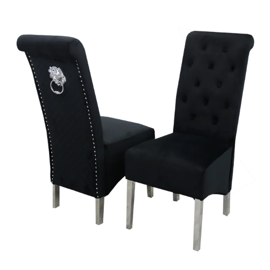 Photo of Elmira lion knocker black velvet dining chairs in pair