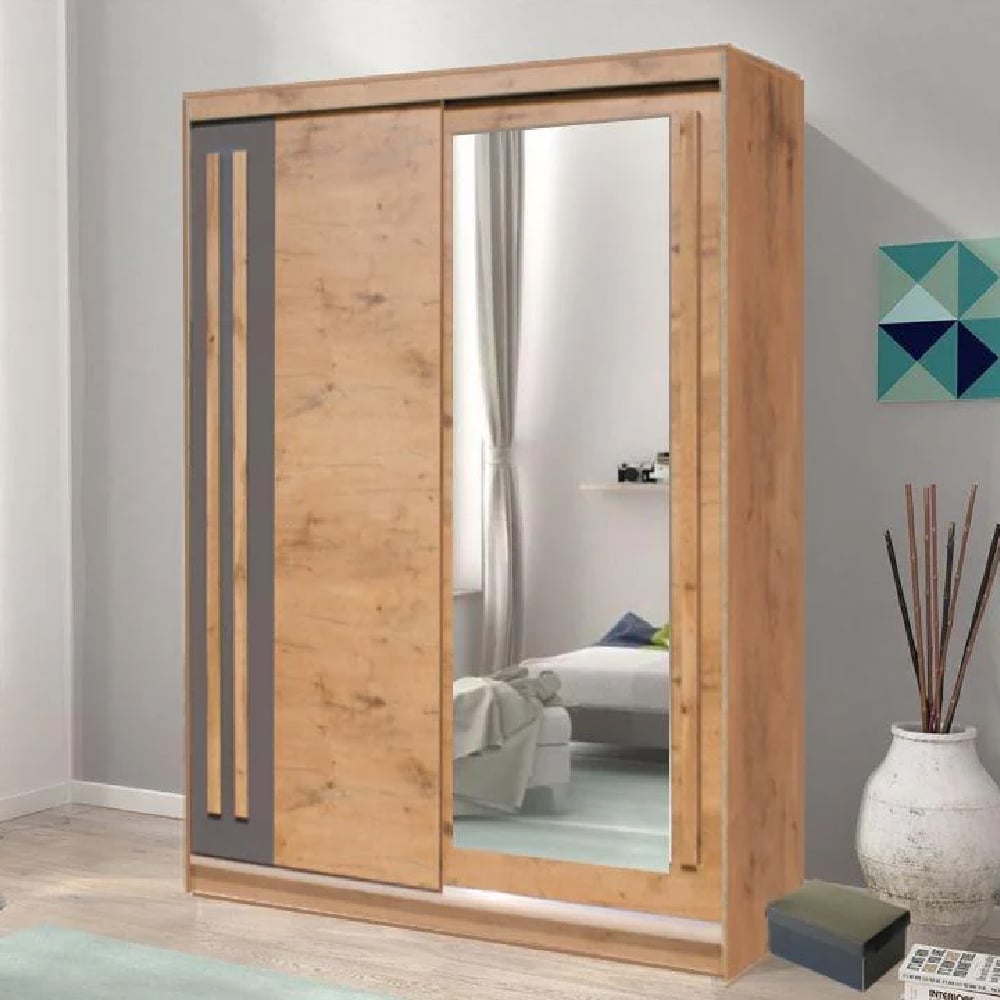 elmira wooden wardrobe 175cm with 2 sliding doors in lancelot oak