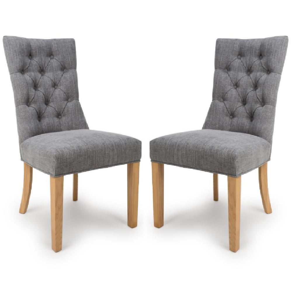 elyria grey fabric dining chairs with oak legs in pair