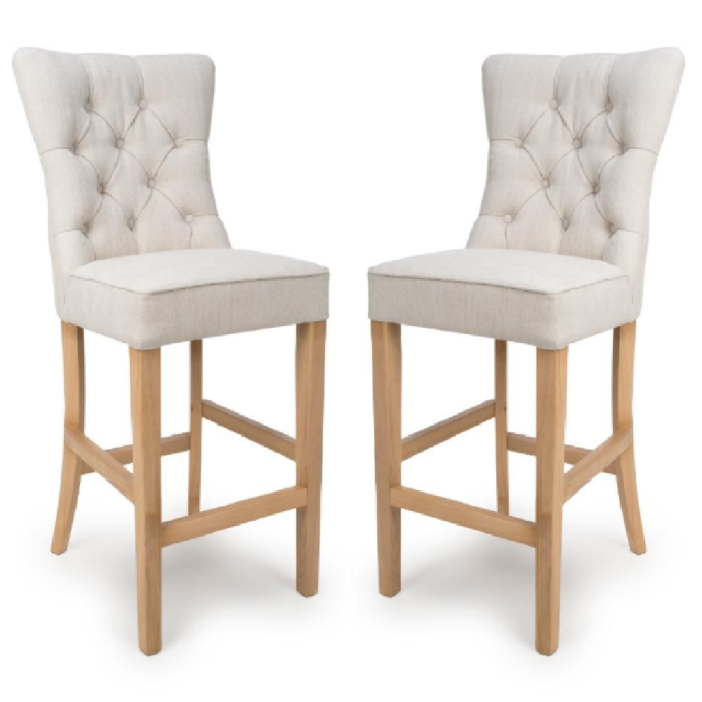 elyria linen fabric bar stool with oak legs in pair