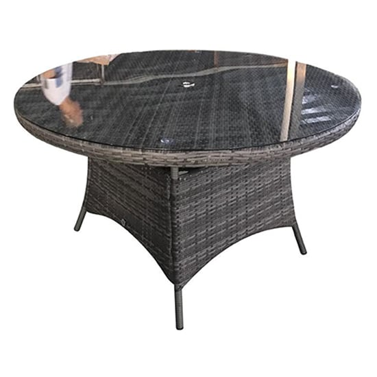 Read more about Elysia round clear glass top 135cm dining table in mixed grey