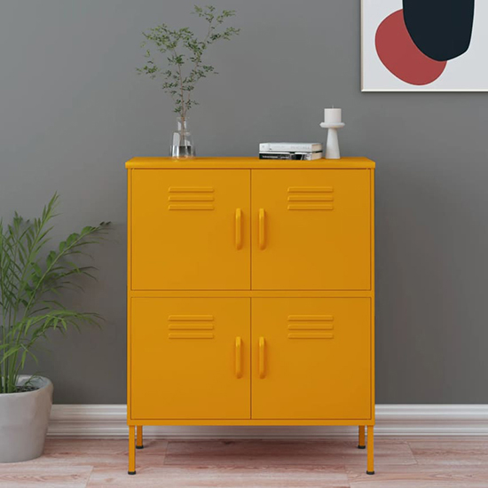 Read more about Emrik steel storage cabinet with 4 doors in mustard yellow