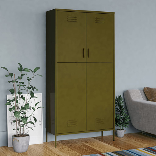 Product photograph of Emrik Steel Wardrobe With 2 Doors In Olive Green from Furniture in Fashion