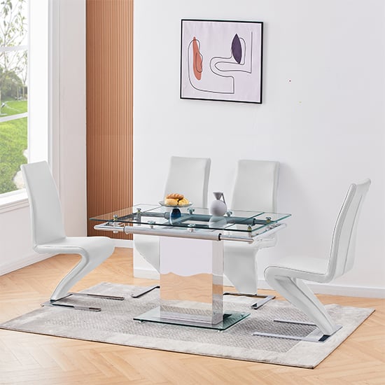 Read more about Enke extending glass dining table with 4 demi z white chairs