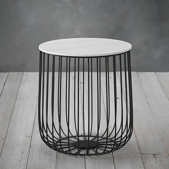 Read more about Enzi small marble effect coffee table with black cage frame in white