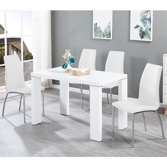 Product photograph of Enzo Glass Dining Table Small In White Gloss With 4 Opal Chairs from Furniture in Fashion