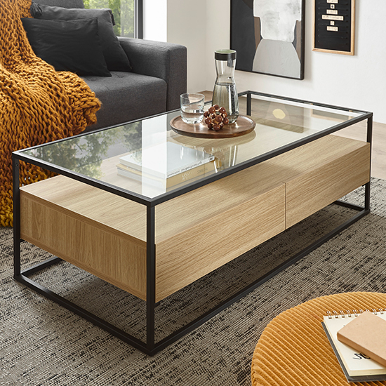 Read more about Ercolano clear glass coffee table with 2 drawers in oak