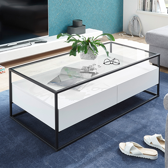 Read more about Ercolano clear glass coffee table with 2 drawers in white