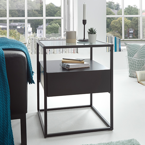 Product photograph of Ercolano Clear Glass Side Table With 1 Drawer In Black from Furniture in Fashion
