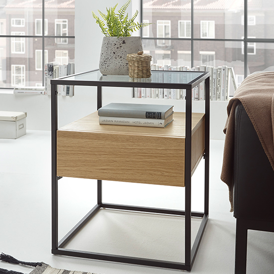 Read more about Ercolano clear glass side table with 1 drawer in oak