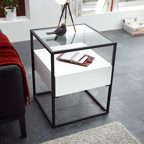 Product photograph of Ercolano Clear Glass Side Table With 1 Drawer In White from Furniture in Fashion
