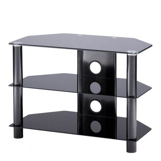 Essentials Glass TV Stand In Black With 3 Shelves | FiF