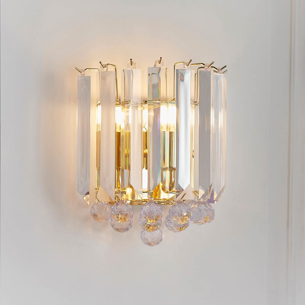 Product photograph of Fargo 2 Lights Crystal Droplets Wall Light In Brass from Furniture in Fashion