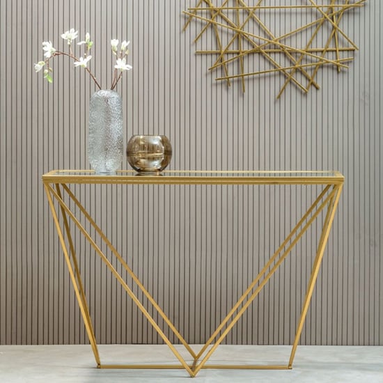 Product photograph of Farota Mirrored Glass Console Table With Gold Triangular Frame from Furniture in Fashion