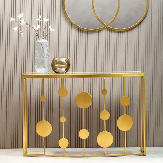 Product photograph of Farota Mirrored Glass Top Console Table With Gold Metal Base from Furniture in Fashion
