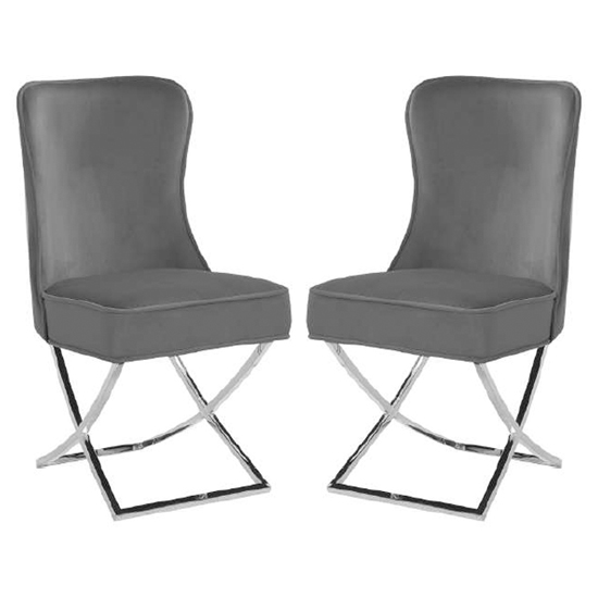 Read more about Fatin dark grey velvet dining chairs with chrome legs in pair