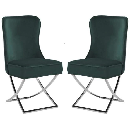 Product photograph of Fatin Green Velvet Dining Chairs With Chrome Legs In Pair from Furniture in Fashion