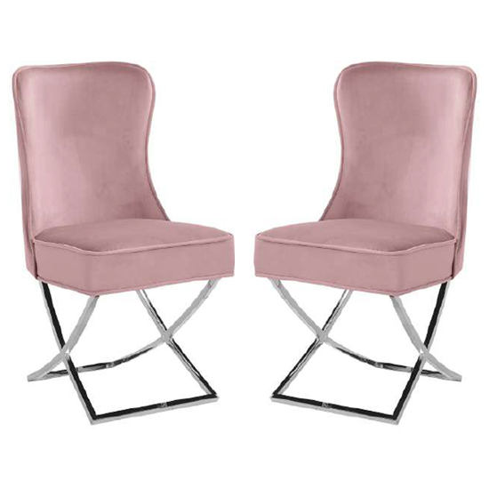 Read more about Fatin pink velvet dining chairs with chrome legs in pair
