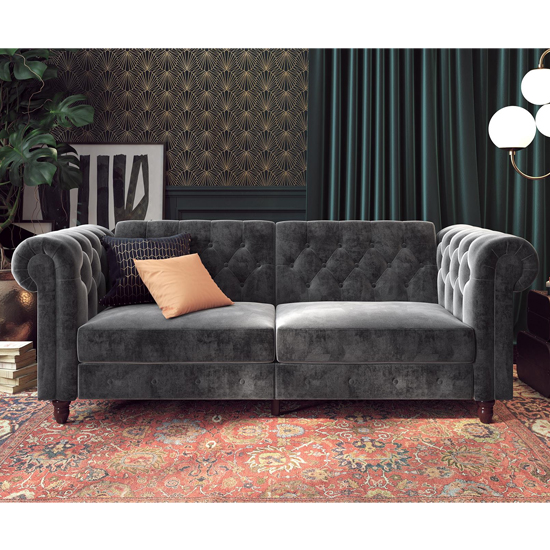 Fritton Chesterfield Velvet Upholstered Sofa Bed In Grey | FiF