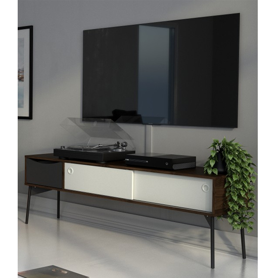 Product photograph of Felton 2 Sliding Doors And 1 Drawer Tv Stand In Grey And Walnut from Furniture in Fashion