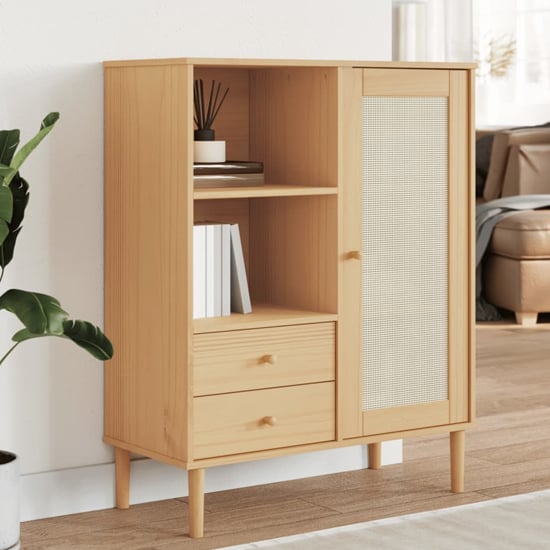 Product photograph of Fenland Wooden Highboard With 1 Door 2 Drawers In Brown from Furniture in Fashion