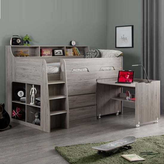 Read more about Jadiel midsleeper children bed in grey oak with storage and desk
